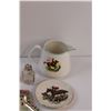 Image 2 : Lot: Huntsman Creamer & Plate, Vintage Salt & Pepper Shakers, Coasters Snowflake Cookie Cutters Set,
