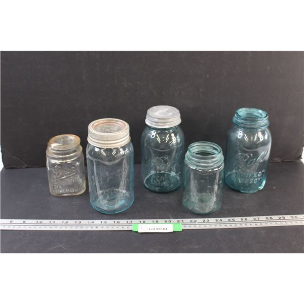 Antique Glass Canning Jars: (4) Blue Ball Glass Canning Jars (One Has Crack) & (1) Square Mason Jar