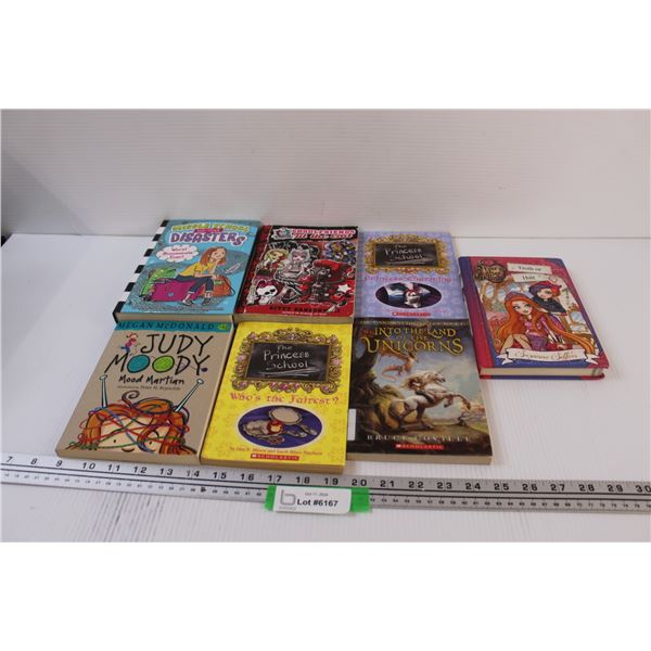 (7) Children's Books: (Girls Lot) Judy Moody, Monster High, Unicorns, Princess, Middle School Disast