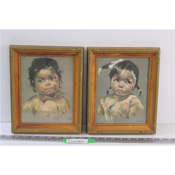 (2) Indigenous Children's Portraits in Wood Frames - 11" x 9"