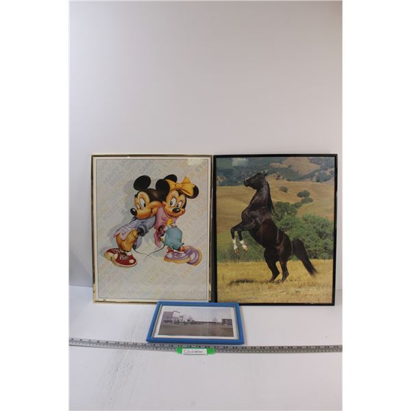(3) Pictures: Mickey Mouse, Stallion, Matheson Grain Elevator & Town Mainstreet - 20" x 16" & 11" x 