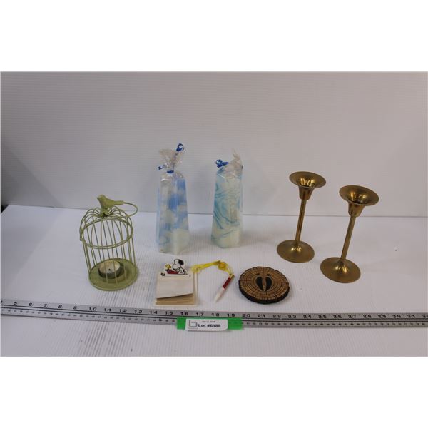 Lot: Candle Holders, Candles, Note Pad, Wood Coaster