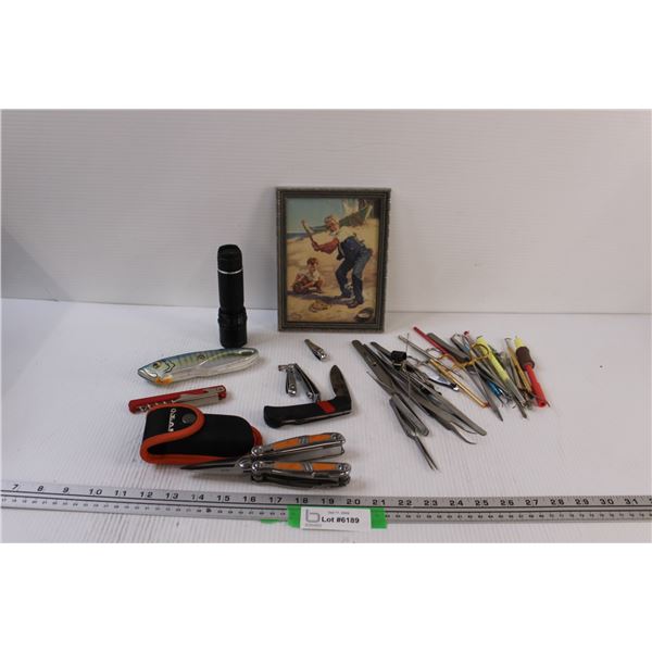 Lot: Fishing Knife, Knives, Fly Fishing Tools, Dad Picture, Flashlight, IVTO Utility Knife, Misc.