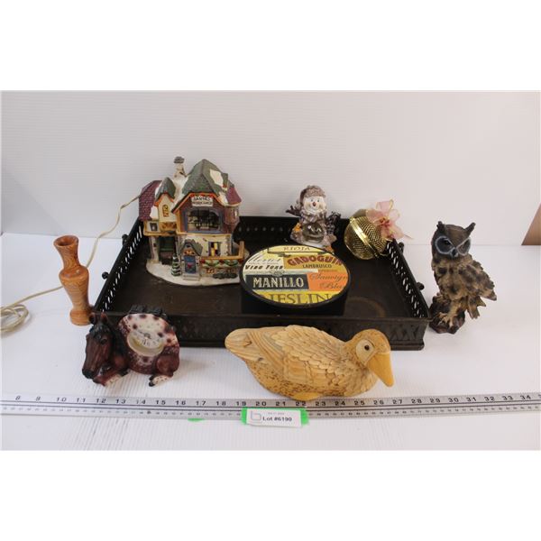 Lot: Wood Duck, Horse Clock, Owl, Santa's Workshop (May Need Batteries), Snowman Snow Globe, Metal S