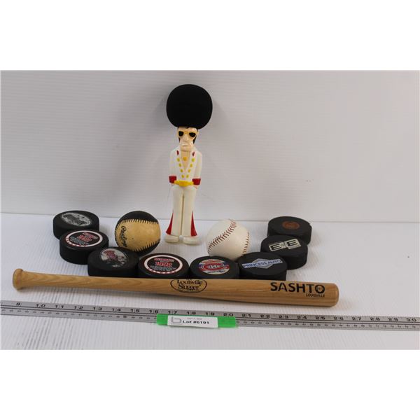 (8) Hockey Pucks (2) Baseball Balls & Mini Bat & Disco Stu