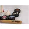 Image 2 : (8) Hockey Pucks (2) Baseball Balls & Mini Bat & Disco Stu