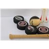 Image 3 : (8) Hockey Pucks (2) Baseball Balls & Mini Bat & Disco Stu