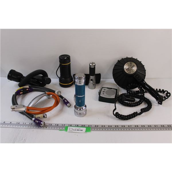 Lot: Coleman 12V Spot Light, (3) Neck Work Lights, Flashlights - Assorted