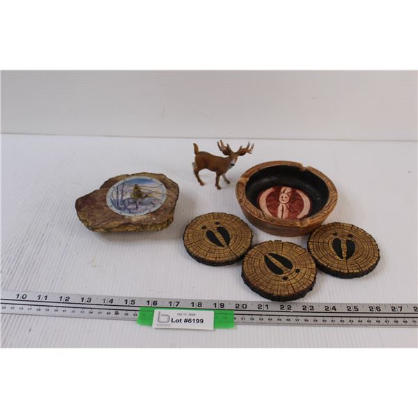 Deer Theme Lot: (Coasters, Ashtray, Battery Powered Clock, Deer Figurine