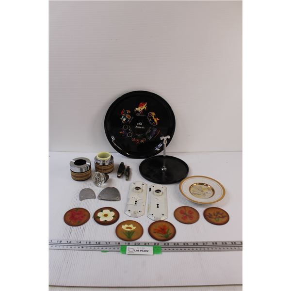 Lot: (6) Leather Art, Ashtray, Glass Door Knob & (2) Fronts, Serving Trays, Misc.