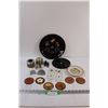 Image 1 : Lot: (6) Leather Art, Ashtray, Glass Door Knob & (2) Fronts, Serving Trays, Misc.