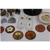 Image 3 : Lot: (6) Leather Art, Ashtray, Glass Door Knob & (2) Fronts, Serving Trays, Misc.