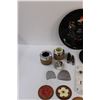 Image 4 : Lot: (6) Leather Art, Ashtray, Glass Door Knob & (2) Fronts, Serving Trays, Misc.