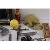 Image 2 : Lot: Bull Skull Belt Buckle, Crucifixion Cros, Mirror, Oil Can, Lighters, Polar Bear Figurine, Misc.