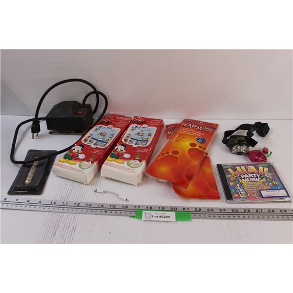 Lot: Luau CD, Head Lamp, Jerusalem Souvenir, Pump - Powers On, Mickey Mouse Wall Decor, Misc.