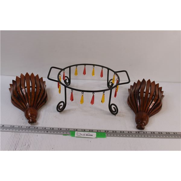 Pot Holder, (2) Wooden Wall Sconces