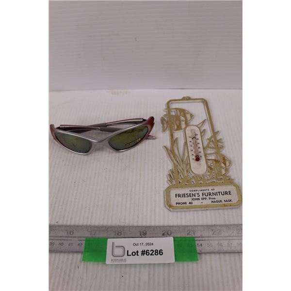 Unmarked Pair Of Sunglasses, Vintage Plastic Thermometer Friesen's Furniture Hague Sask