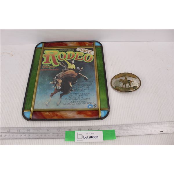Cody Nite Rodeo Advertisement- 9''x 11'' in Stained Glass Frame, Belt Buckle Rock Mount Denver Color