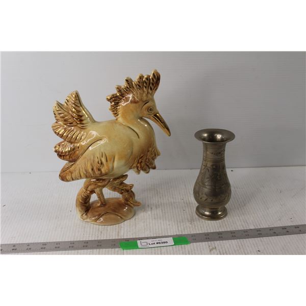 Metal Vase, Ceramic Bird Decoration