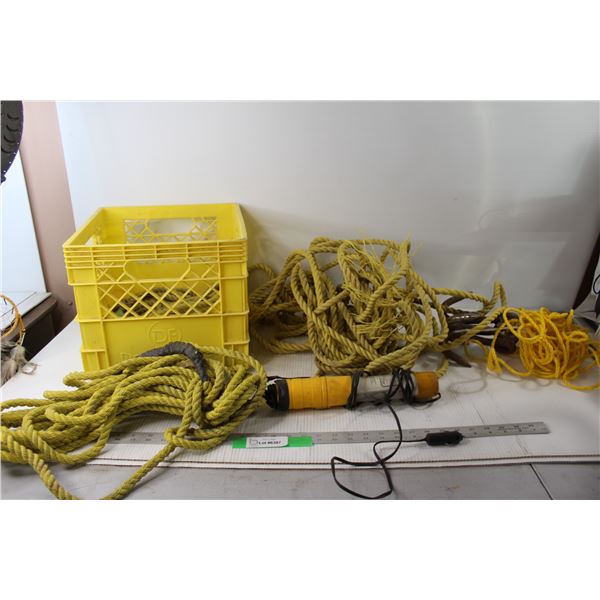 Homemade Grappling Hook, Assorted Rope, Ratchet Strap Belt, Yellow Crate