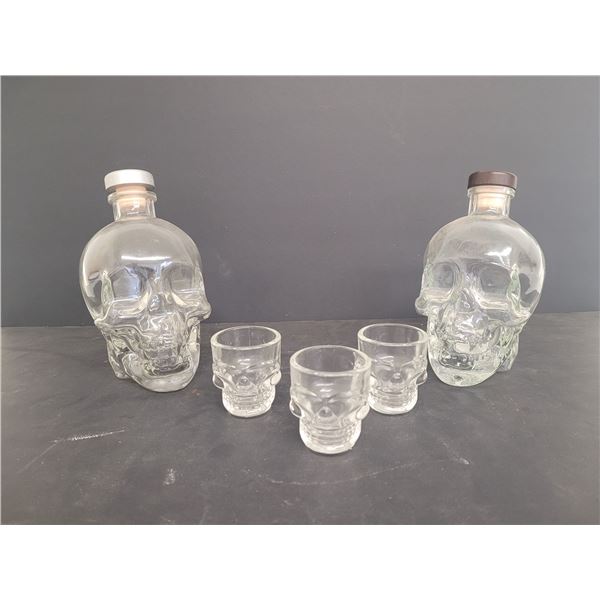 (2) Crystal Head Vodka Bottles (Empty) and (3) Skull Shot Glasses
