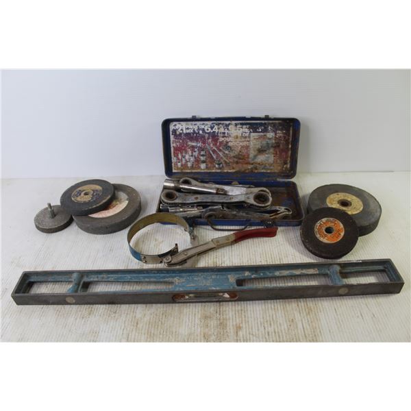 (5) Grinding Wheels - Metal Case w/Ratchet Wrenches - Metal Level - Oil Filter Wrench