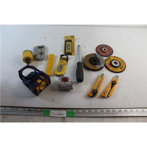 Tape Measure, Screwdriver, Circular Saw Blades, Box Cutters, Blades and Misc.