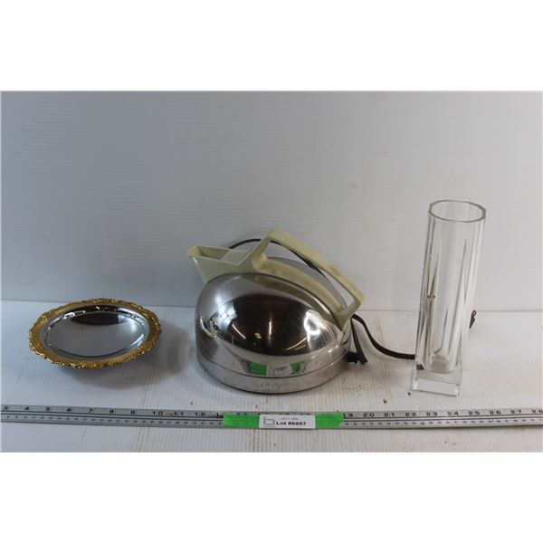 Glass Vase, Vintage Kenmore Electric Kettle and Decorative Candy Dish