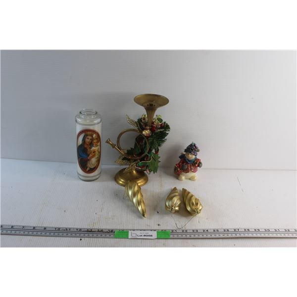 Candle, Brass Candle Holder and Christmas Ornaments