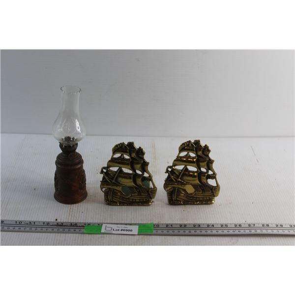 Vintage Kerosene Lantern and Brass Ship Bookends