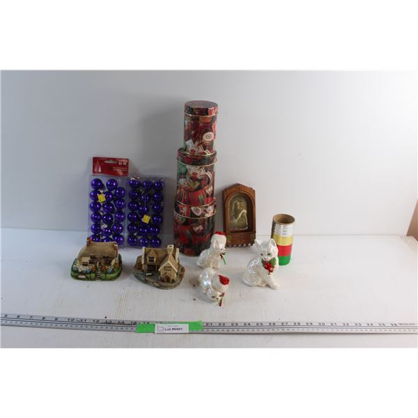 Porcelain Kittens, Christmas Tree Ornaments, Ceramic Decorations, Storage Tins and Misc.