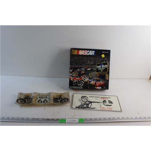 Route 66 Section Glass Tray, Thyssen Mining Front Car Plate and The DVD NASCAR Board Game