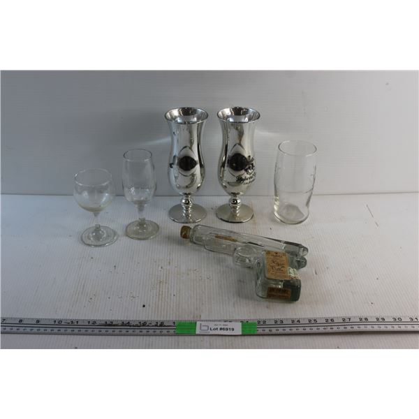 Hand Gun Glass Bottle, Goblets and Glass