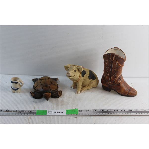 Wooden Turtle, Ceramic Pig, Ceramic Boot Decor and Toothpick Holder - Chipped