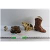 Image 1 : Wooden Turtle, Ceramic Pig, Ceramic Boot Decor and Toothpick Holder - Chipped