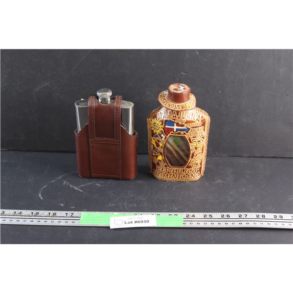 (1) Liquor Flask with Leather Case and Dominican Liquor Glass Bottle