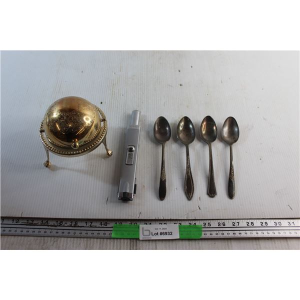 Brass Candy Dish, Zippo Stove Lighter - Tested and (4) Silver Vintage Spoons