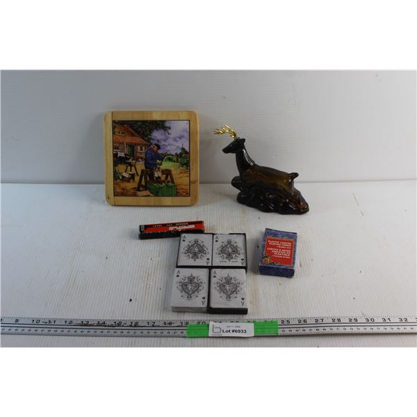 Wooden Wall Decor, Playing Cards, Level & Bottle Opener and Avon Ten Point Buck After Shave