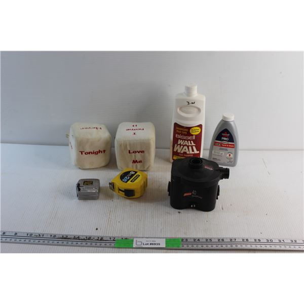 (2) Rug Cleaning Liquids, (2) Plush Cubes, Coleman 4D Quick Pump and (2) Tape Measures