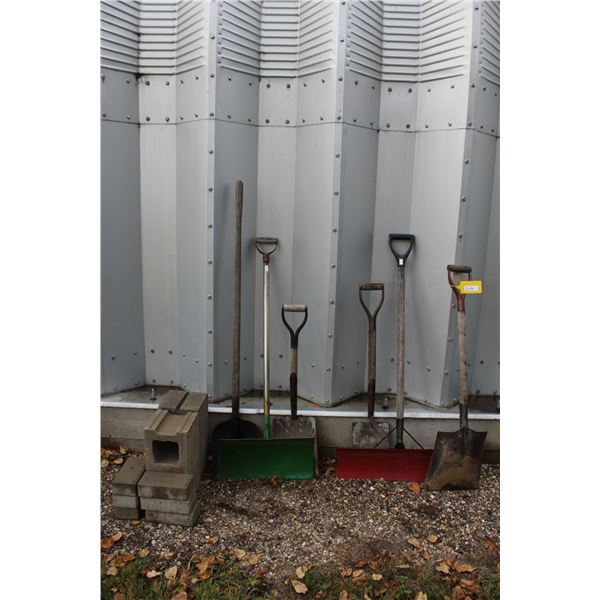 (4) Garden Shovels, (2) Snow Shovels, (2) Cinder Blocks (4) Grey Bricks