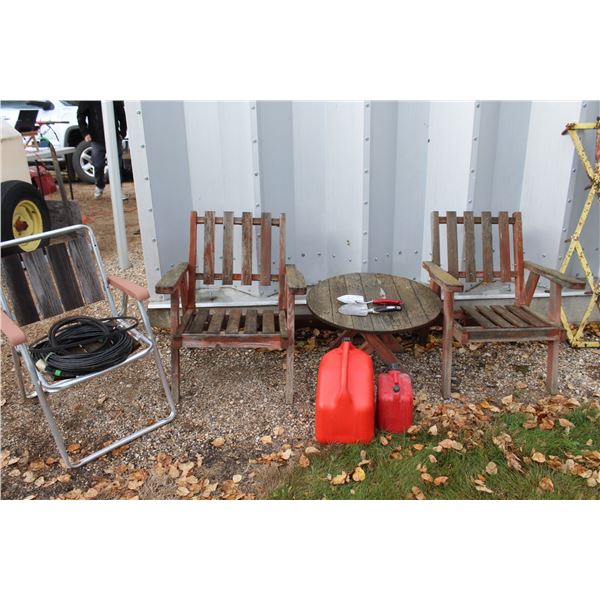 (3) Wooden Lawn Chairs & Wooden End Table Set & (2) Gasoline Jerry Cans, Wire Roll & (2) Garden Shov