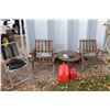 Image 1 : (3) Wooden Lawn Chairs & Wooden End Table Set & (2) Gasoline Jerry Cans, Wire Roll & (2) Garden Shov