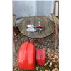 Image 3 : (3) Wooden Lawn Chairs & Wooden End Table Set & (2) Gasoline Jerry Cans, Wire Roll & (2) Garden Shov
