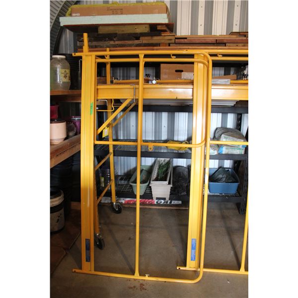 Yellow Metal Scaffolding - 74" Wide x Approx 9-10Ft - Has Stabilizers, Castors, & Platform