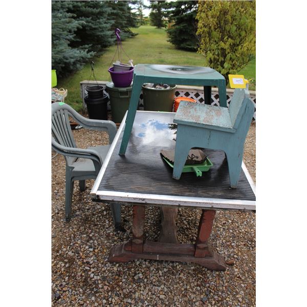 Custom Built Outdoor Table, Patio End Table (17" x 21"), (2) Dust Pans, (2) Plastic Lawn Chairs - So