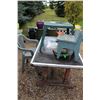 Image 1 : Custom Built Outdoor Table, Patio End Table (17" x 21"), (2) Dust Pans, (2) Plastic Lawn Chairs - So