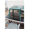 Image 3 : Custom Built Outdoor Table, Patio End Table (17" x 21"), (2) Dust Pans, (2) Plastic Lawn Chairs - So
