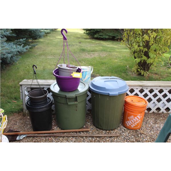 (2) Brooms, Garbage Can, Watering Can, Home Depot 5 Gallon Pail w/Lid