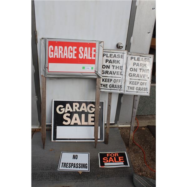 (6) Signs: Garage Sale, Do Not Park, No Trespassing, For Sale Sign
