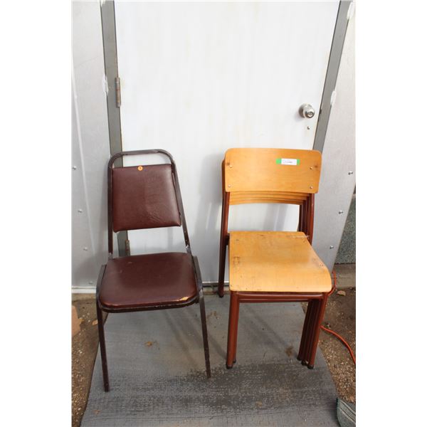 (5) Wooden Stacking Chairs & Upholstered Metal Chair